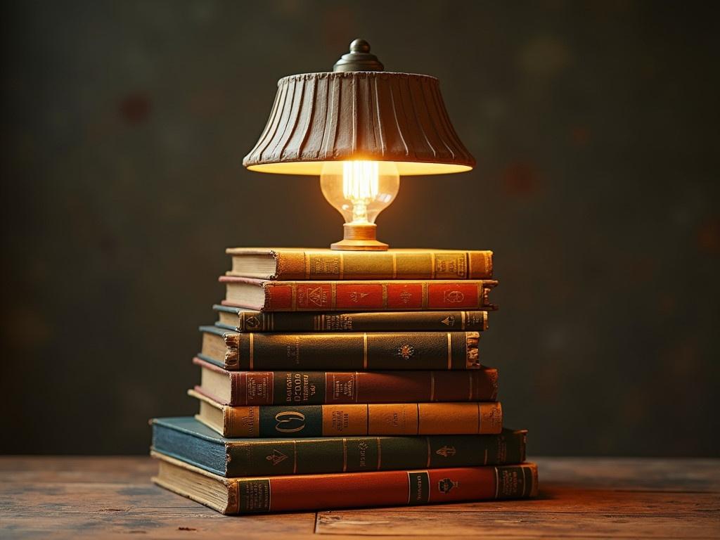 A hyper-realistic DIY book lamp featuring a unique design where books are stacked in various positions. The structure is composed of old, colorful books with a lamp gracefully resting on top. Each book is arranged creatively, showcasing their spines and covers. The lamp casts a warm glow, illuminating the books below. This lamp serves as both a functional light source and an artistic centerpiece in a cozy reading nook.