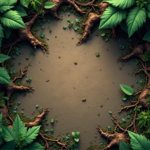 Seamless tileable texture depicting a damp jungle floor. Dark soil with decaying leaves and small roots. Patches of moss. Low-poly, hand-painted style using jungle greens and earthy browns. Size 1024x1024.
