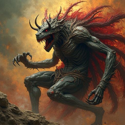Fantasy creature representing chaos, designs emphasizing power and intimidation. Intricate details showcase the creature's features, evoking both contempt and respect.