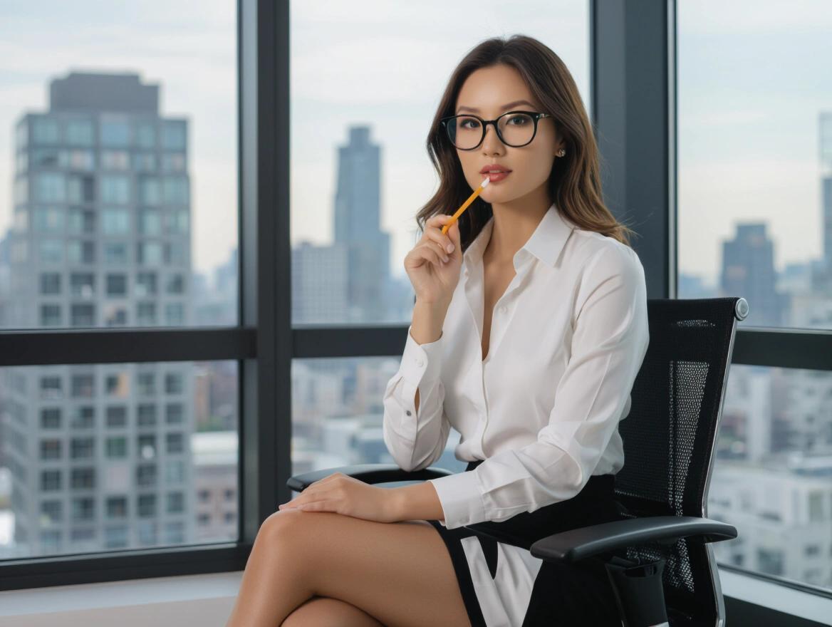 Woman of Asian descent in modern office. Brunette with brown eyes. Full body photo. Wearing a short business skirt and white blouse. Black rimmed glasses. Sitting in office chair. Looking out the window. Chewing on a pencil eraser. Ignoring the camera.
