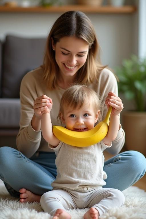 Mother and daughter playfully engage in a whimsical moment at home. The mother sits holding her hands behind her back. The daughter lifts a toy over her head. A large banana rests in the child's mouth. The atmosphere is cheerful and lively. Nurturing family interaction is showcased.