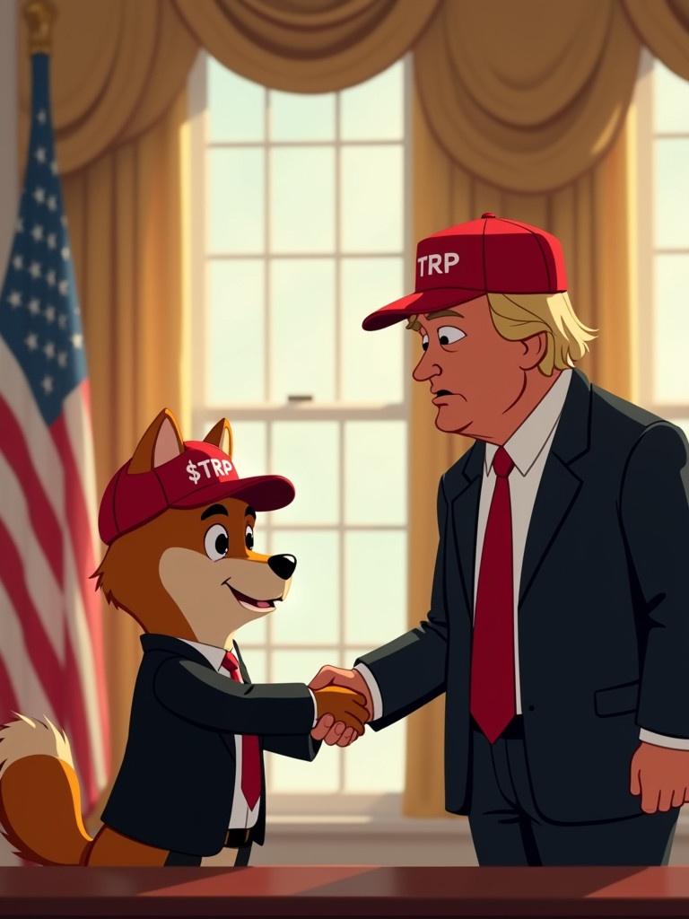 Animated Shiba dog character wearing red baseball cap with $TRP logo in a black suit and red tie shakes hands with character resembling Donald Trump also in a red baseball cap with $TRP logo. Background is the American presidential office with American flag.