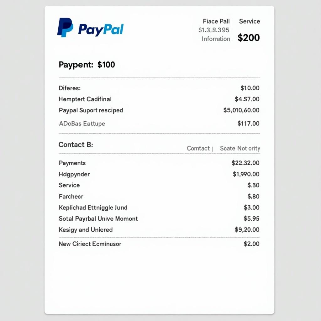 This image features a PayPal payment receipt that documents a financial transaction. The receipt indicates a total payment amount of $200. It lists various services with their corresponding charges, demonstrating a breakdown of expenses. The prominent PayPal logo at the top adds to the trustworthiness of the document. Additionally, contact information is included to ensure transparency between the parties involved. The design of the receipt is clean and professional, which is typical for digital financial documents.