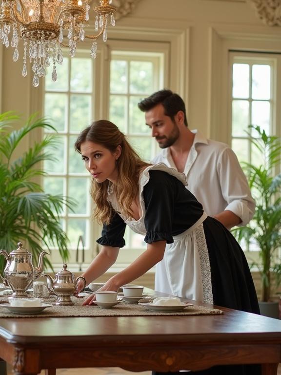 Staged romantic scenario in an elegant conservatory. Woman in traditional French maid costume with exaggerated surprise expression while cleaning. Man in unbuttoned white shirt looks on with a knowing smile. Setting includes wooden table with silver tea service and large windows. Natural light creates a warm atmosphere in luxurious interior with cream walls and ornate molding.