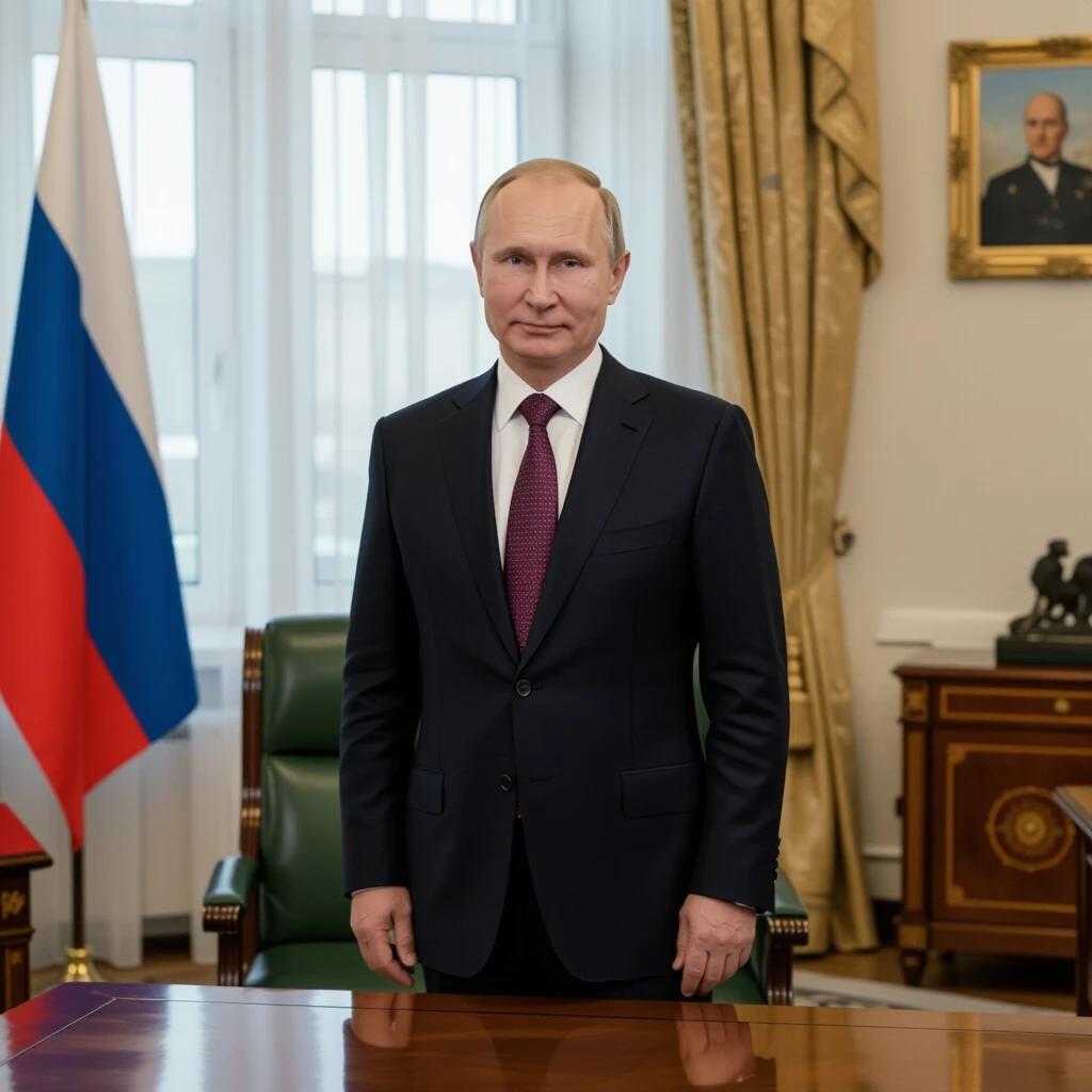 Putin stands in an office. Russian flag displayed in the background. Formal suit is worn. Desk and decorative items are visible. Room is well-appointed.