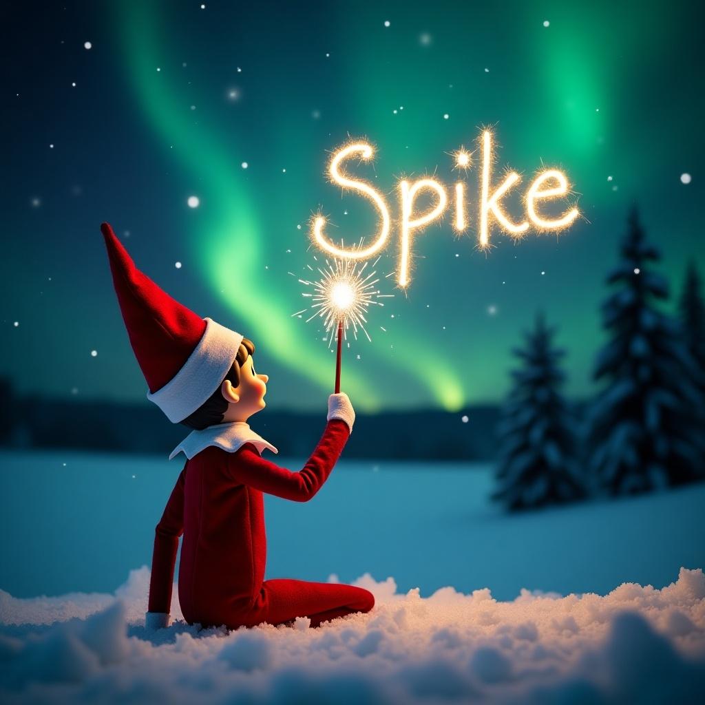 This image showcases an elf on the shelf positioned with its back to the viewer. The elf, dressed in a traditional red outfit, is facing up towards a beautiful dark sky filled with vibrant northern lights. With a magic wand in hand, it is elegantly writing the name Spike in sparkling letters against the backdrop. The snowy ground adds a serene touch to the magical scene. The overall atmosphere is filled with wonder and holiday joy, perfect for capturing the essence of Christmas.