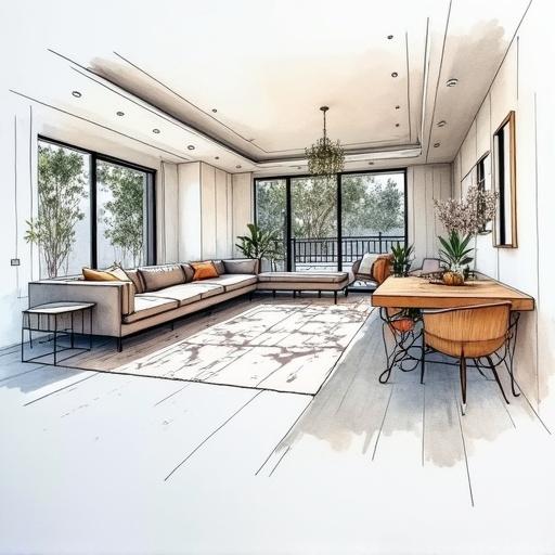 Close up view of an interior design sketch showing a modern living room. Features a spacious sofa, a dining table, and large windows. Elements include houseplants and a chic rug.