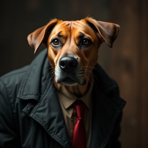 A mobster dog in slow motion shakes its head while blinking menacingly. The dog wears a coat and tie, showcasing an intense expression.