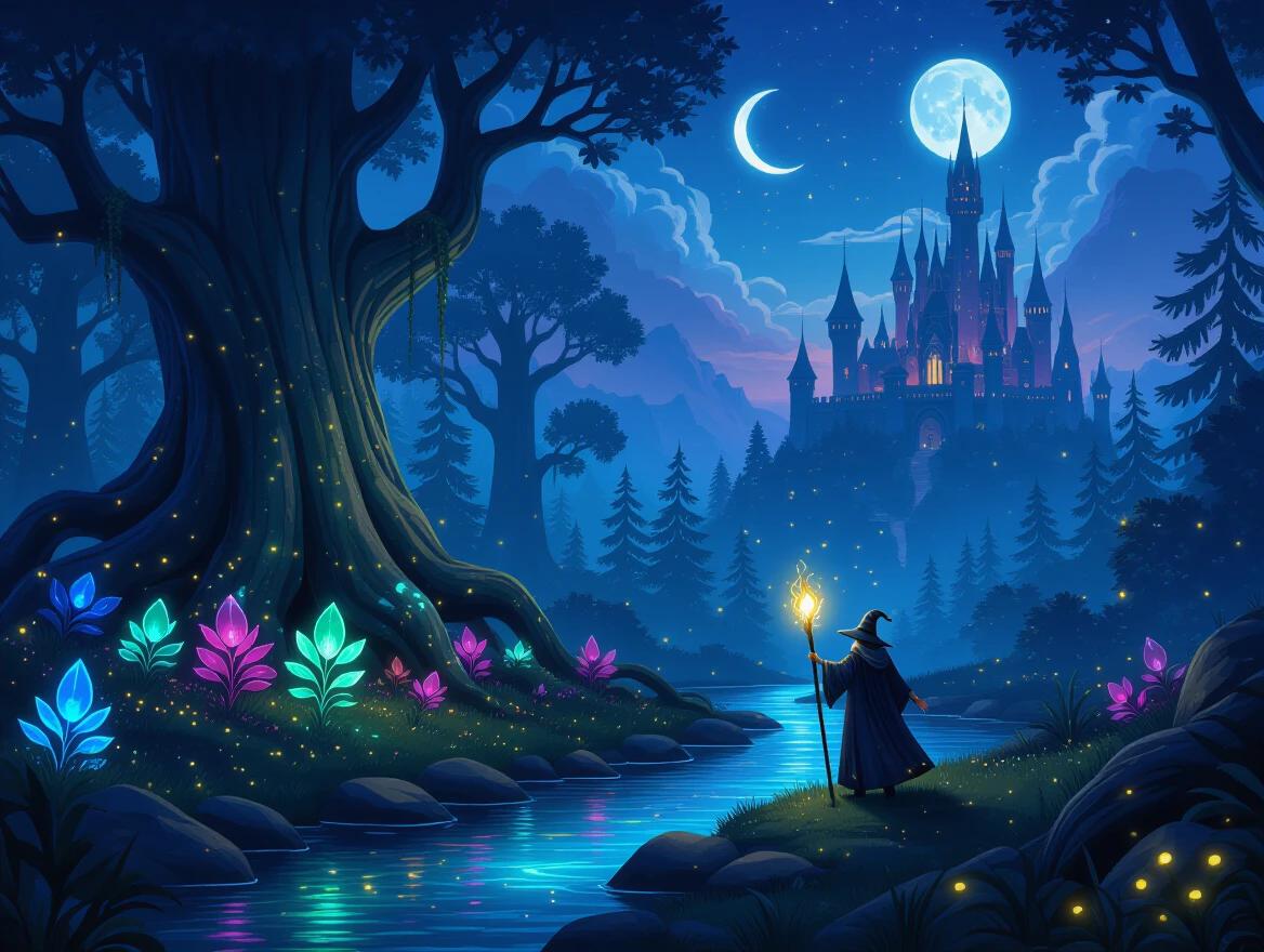 Beautiful fantasy forest with glowing magical plants. Towering ancient trees and a sparkling river. Majestic castle on a hill under a twilight sky with two moons. Mysterious mage with glowing staff stands near river. Surrounded by floating fireflies.