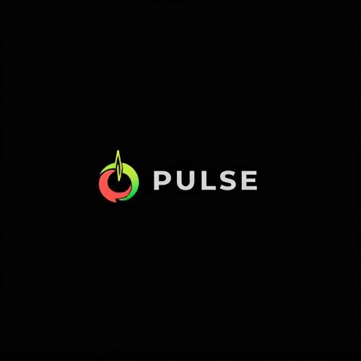 Modern logo design with stylized text PULSE. Bold sans-serif font. Circular shape in letter P. Gradient from lime green to crimson red. Thin yellow lines for pulse effect. Word PULSE below in grey font. Clean lines and balanced spacing.