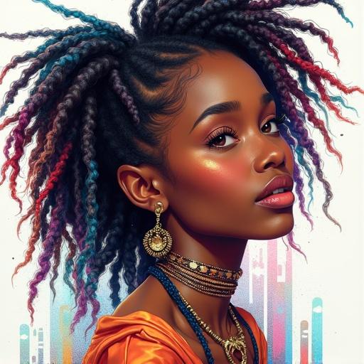 Portrait of a beautiful black female figure. Intricate braided short dreadlocks. Expression shows amazement and joy. Artwork combines modern aesthetics with Nordic stylistic elements. Features delicate and strikingly styled. Bright colors enhance the design. Glitched pencil sketch effect adds uniqueness.
