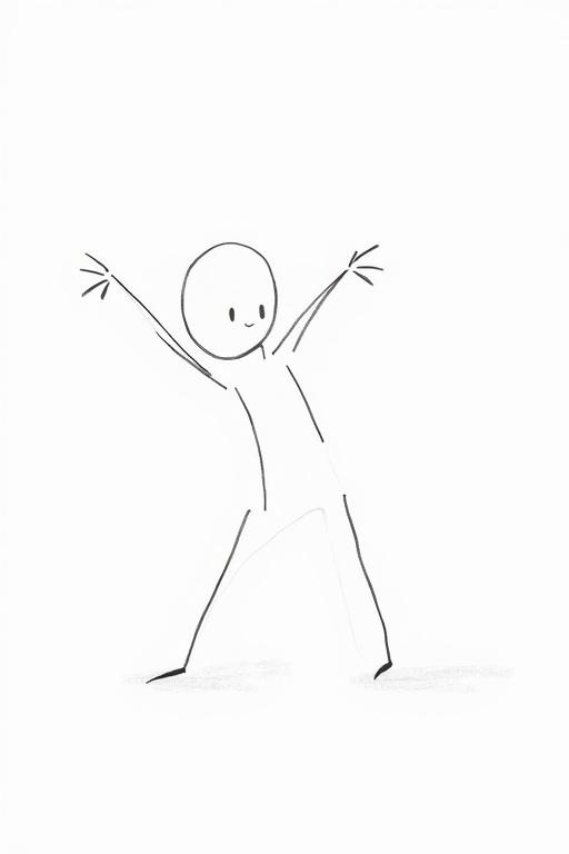 Line drawing of a stickman character. The character appears joyful. Arms stretched wide up in the air. Background is plain white. Character is black line art.