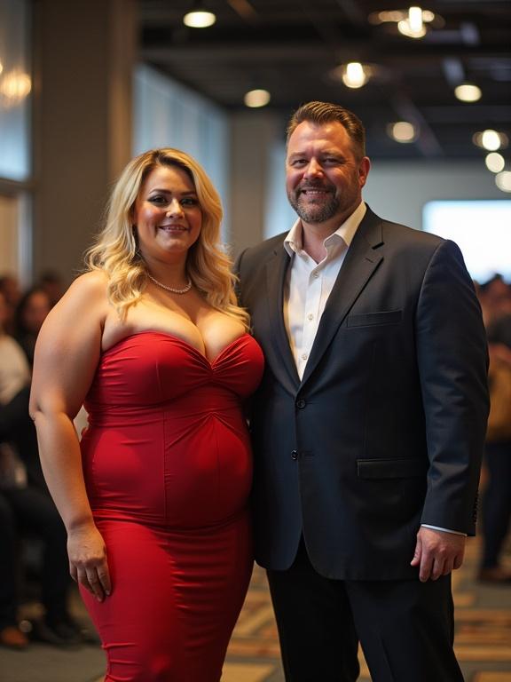 Photo of a confident plus-size model wearing a red dress standing next to a shorter man in a suit at a conference. Both are smiling and posing for a camera.