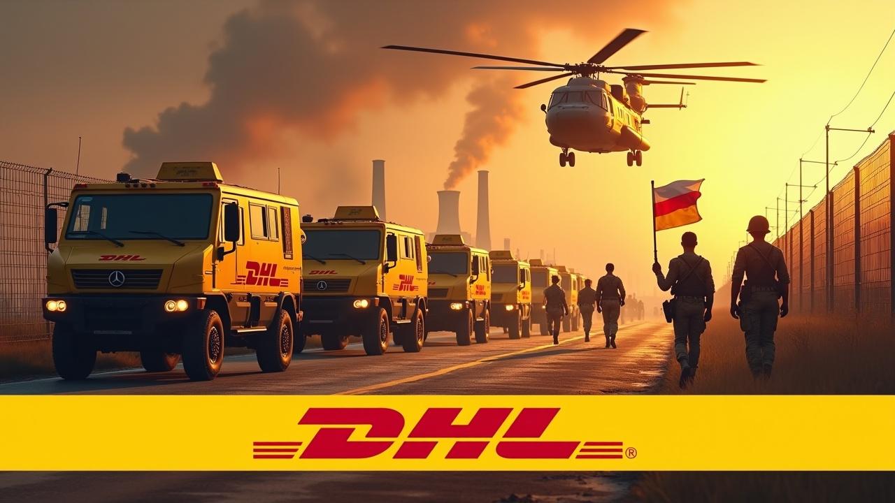 In a dramatic scene, several yellow armoured vehicles, adorned with the DHL logo, drive up to a tall fence. Numerous soldiers, holding rifles, march together in unison, showcasing military precision. One soldier, standing out, holds a flag displaying the DHL logo, symbolizing collaboration between logistics and military. In the backdrop, a nuclear power plant looms, juxtaposing energy production with logistics. Above, a Chinook cargo helicopter, also branded with the DHL logo, flies, enhancing the dynamic intensity of the scene. The bottom prominently features the bold yellow DHL logo, reinforcing brand presence.