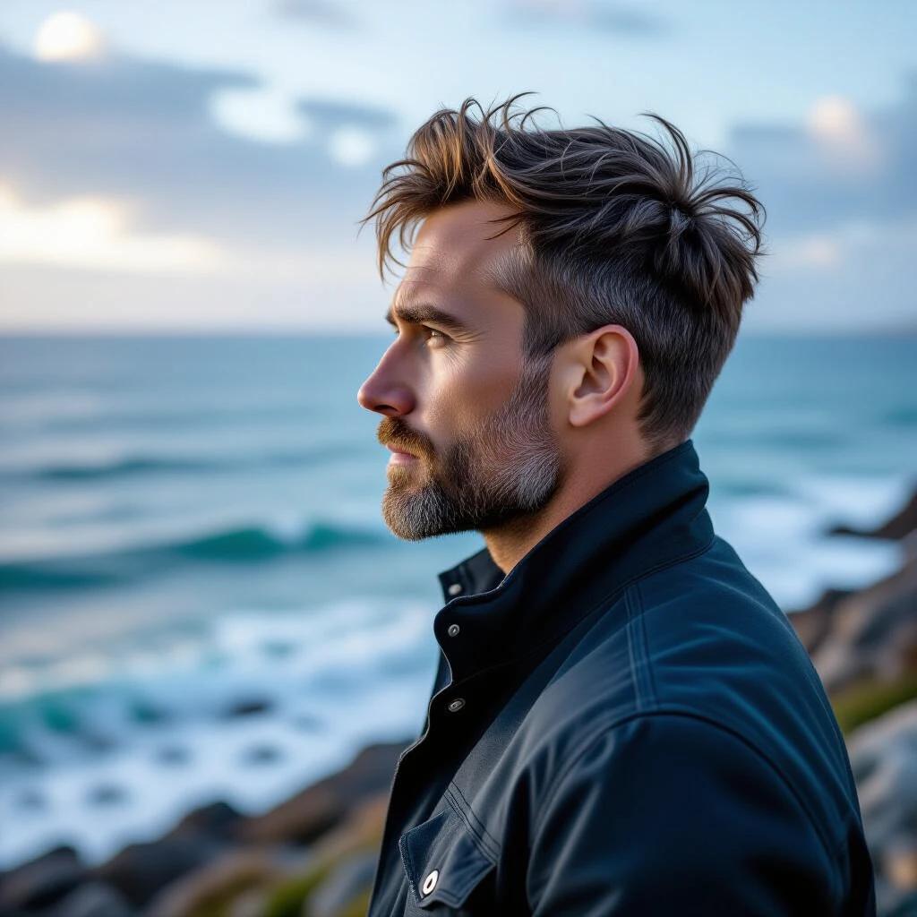 A man stands on a rocky shore. He gazes at the ocean waves. The sky is partly cloudy. Soft colors surround the landscape. A sense of serenity and contemplation is present.