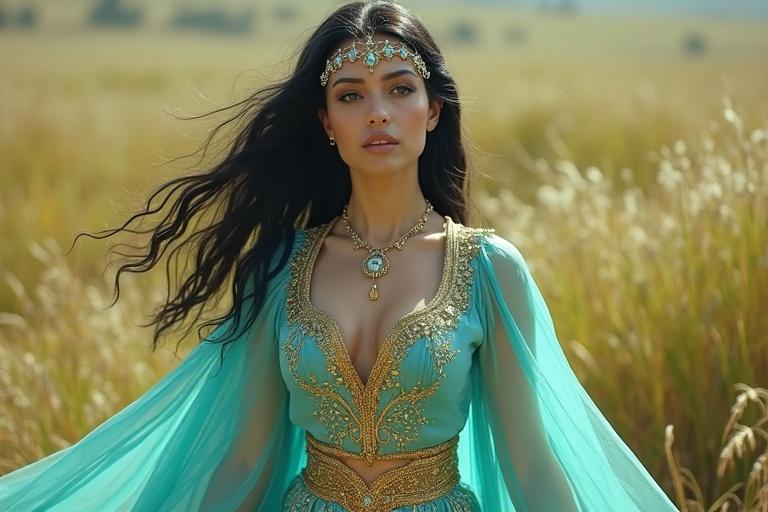 Fantasy scene depicting a turquoise Arabian princess. Outfit features ornate gold embroidery and shimmering details. Black hair flowing. She stands in a glowing magical grassland. Expression conveys awe.