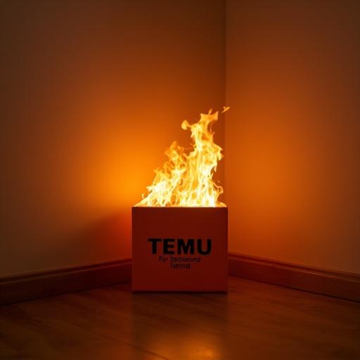Flaming orange box in room corner. 'TEMU' displayed on box. Smaller text mentions 'For Salman and Tahmid'.