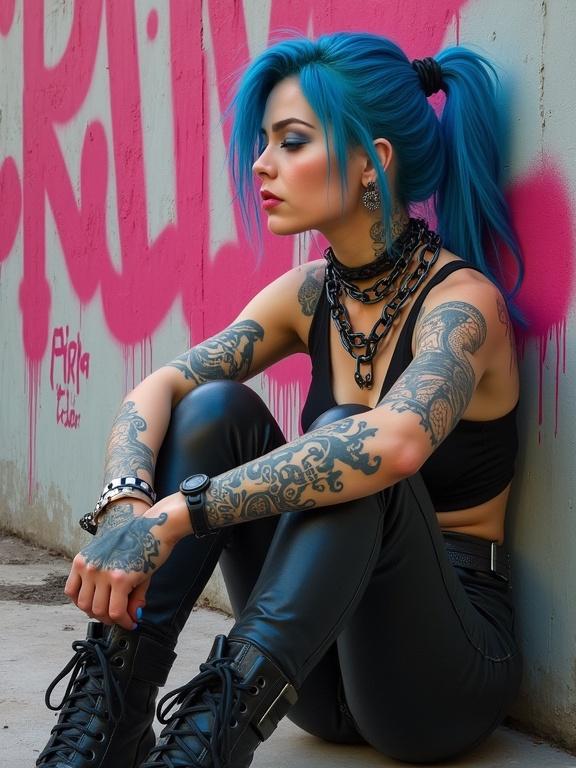 Realistic painting of a punk woman seated against a wall with pink graffiti. She has blue hair and detailed tattoos. Chains adorn her neck and she wears military-style boots. Hands resting naturally on her knees showcase correct anatomy with five fingers and realistic details. Soft lighting captures detailed skin texture and a warm amber and cool blue color tone. Image inspired by Jeremy Mann.