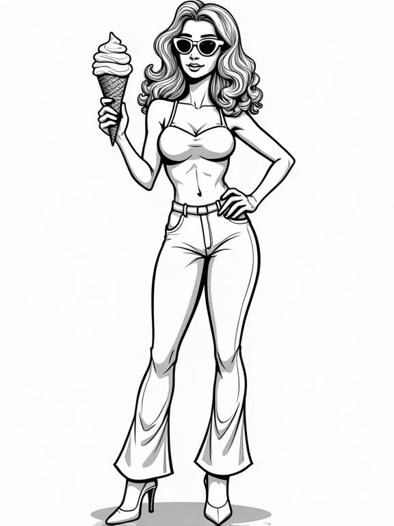 High-resolution black-and-white line art coloring page featuring a charming plump blonde woman in 70s style. She has voluminous Farrah Fawcett curls, wearing heart-shaped glasses, elephant leg pants, and high-heeled ankle boots. Model-style pose holding a three-scoop ice cream cone. Detailed anatomical elements are maintained.
