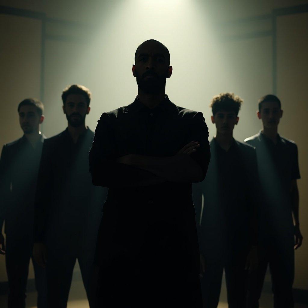 This image showcases a moody and dramatic silhouette of a man standing front and center with his arms crossed. Behind him are his sons, slightly out of focus, creating a sense of depth. Strong light beams penetrate the darkness, adding to the atmospheric quality. The composition highlights themes of strength and familial connection. This scene captures the essence of support and unity within a family in the context of sports.