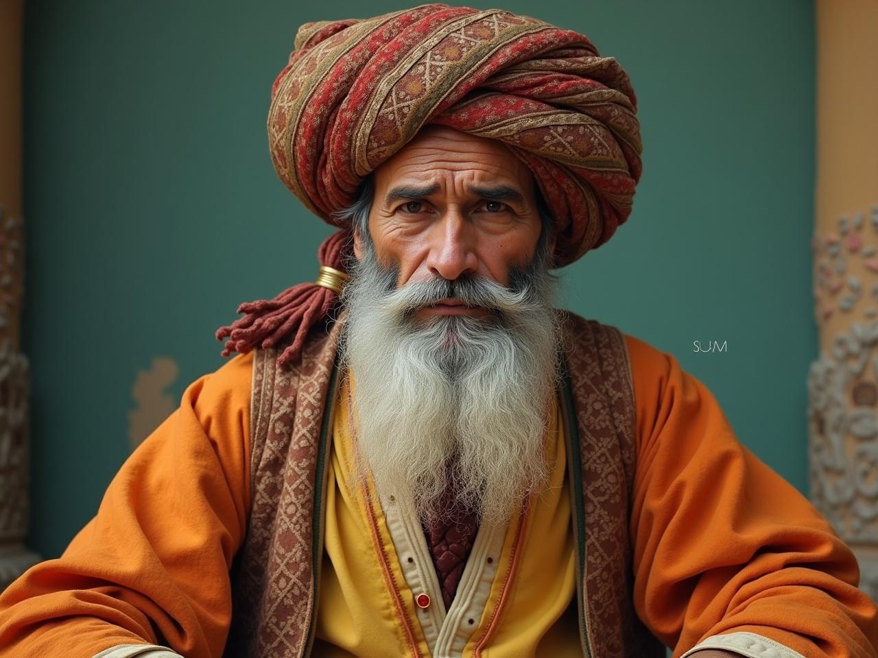 The image depicts a historical figure dressed in traditional attire. The figure is wearing a turban with intricate patterns and layers. They have a long beard, enhancing the wise appearance. The clothing consists of a long, vibrant outer garment, possibly made of a luxurious fabric, and underneath, there is a buttoned shirt. The background has a solid color, which contrasts with the figure's attire, highlighting the details of the outfit.