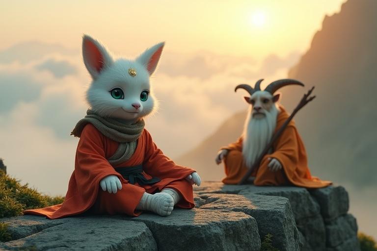 Ultra HD cinematic scene with a misty mountain ledge. Golden pink light filters through clouds. Kittuu meditates wearing a light red karate gi. His feet are bandaged and crossed. Mahaguru stands near wearing orange-white robes. A carved staff rests against a rock. The scene is serene with lush greens and misty grays.