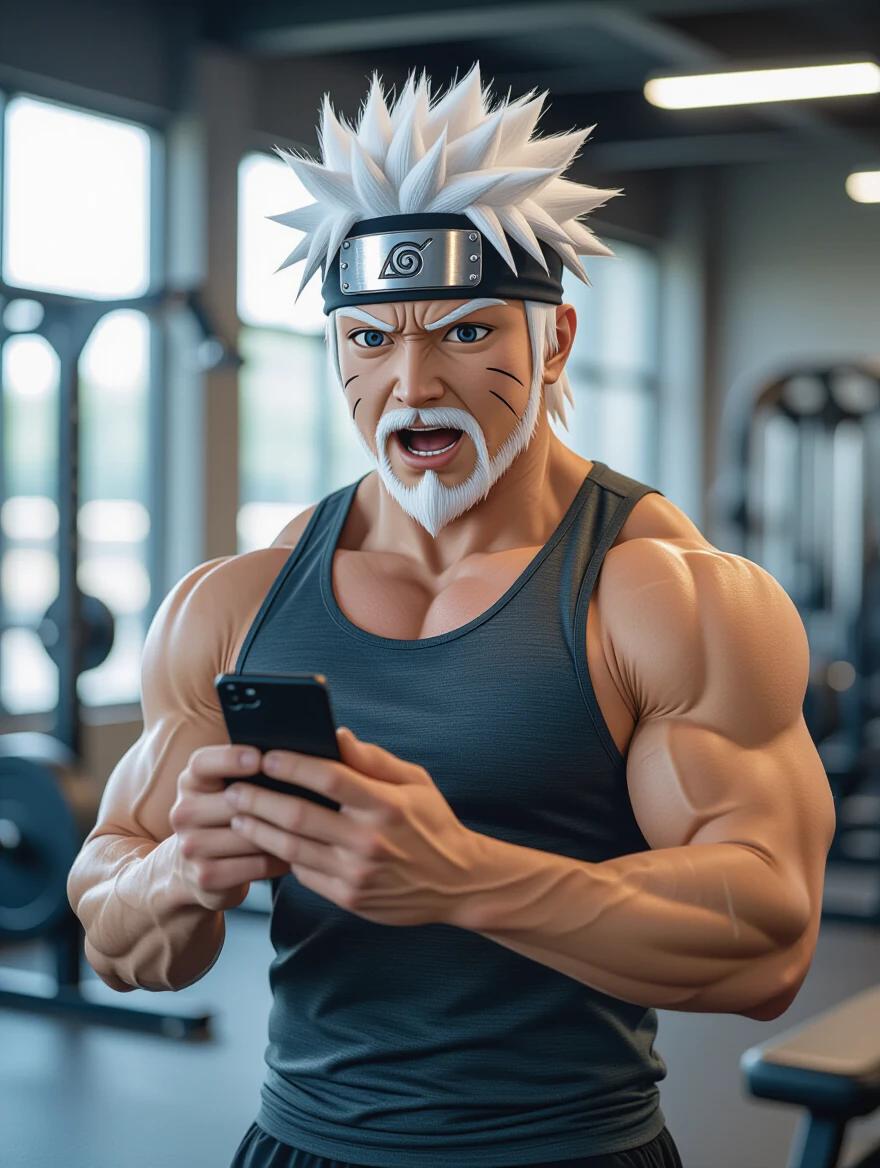 Anime character with muscular physique. Wearing sleeveless tank top. Holding a smartphone. Surprised expression. Iconic messy white hair. Detailed arms and chest. Modern gym background. Weights and machines visible. Cinematic lighting. Ultra-realistic style. High detail and resolution.