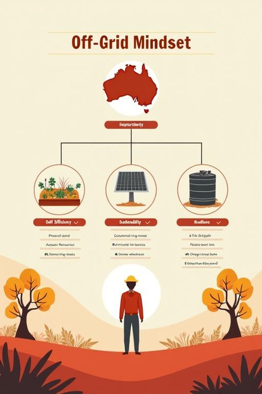 Illustrative chart showing off-grid mindset goals for an Australian homestead. Central figure labeled off-grid mindset. Branches to self-sufficiency with garden bed icon, sustainability with solar panel icon, and resilience with rainwater tank icon. Includes checklists like assess resources and plan budget. Minimal outback background with red soil and eucalyptus trees. Bright colors and clear labels for clarity.