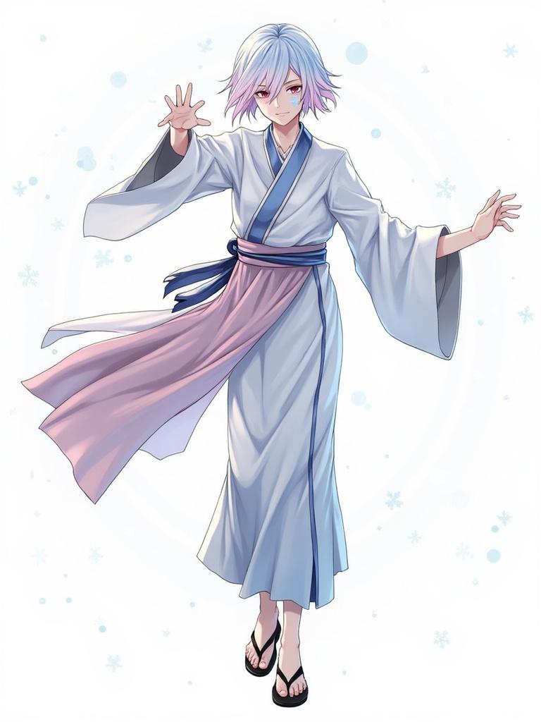 Character Azura Shimora stands in a traditional Demon Slayer uniform. The character has icy blue and pink hair styled elegantly. Attire includes a silver and pastel pink haori with black sandals. Snowflakes surround the figure, enhancing a mystical impression. The character's posture suggests movement and confidence. Light and soft colors create a serene ambiance.