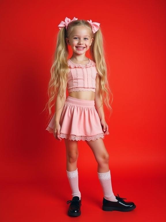 A young girl wearing a short pink crop top and a pale pink micro-skirt stands confidently against a bright red background. She has long, lush blonde hair styled in twin tails with pink bows. Thigh-high socks with lace trim and black shoes complete her look. The image is bright and colorful, presenting a playful and flirty aesthetic.