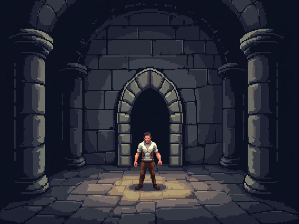 Player character depicted in a pixel art style stands alone in a dark, stone-walled dungeon. The environment is illuminated softly from below, creating shadows. The pillars and archway frame the setting, emphasizing loneliness and adventure.