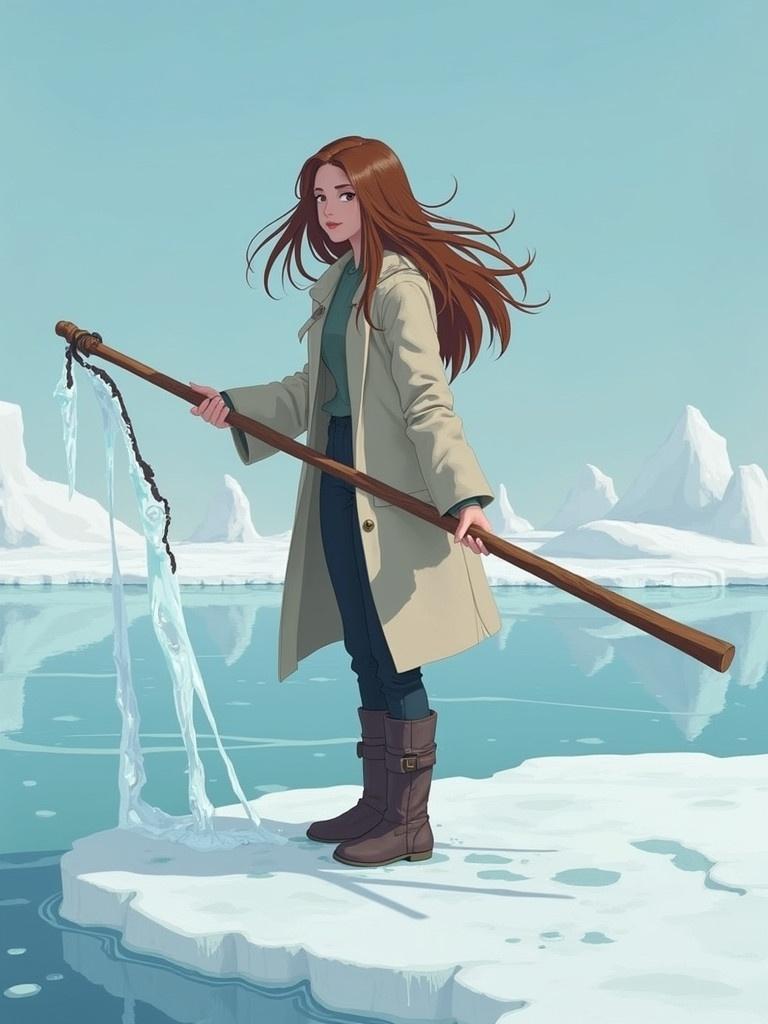 A woman with long medium brown hair stands on an ice flow. She is steering the ice with a long stick. She wears a coat and boots. The background has icy landscapes and a clear sky.