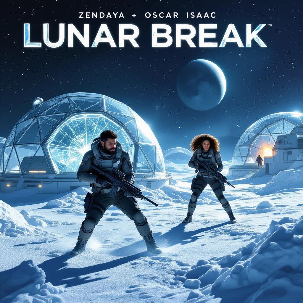 LUNAR BREAK movie poster featuring Zendaya and Oscar Isaac. Set in a moon colony during an orbital lockdown. Characters posing with weapons. Glass domes cracking around them. Cold whites illuminate the scene. Shadows add contrast. Tone reflects space heist and rebellion themes.