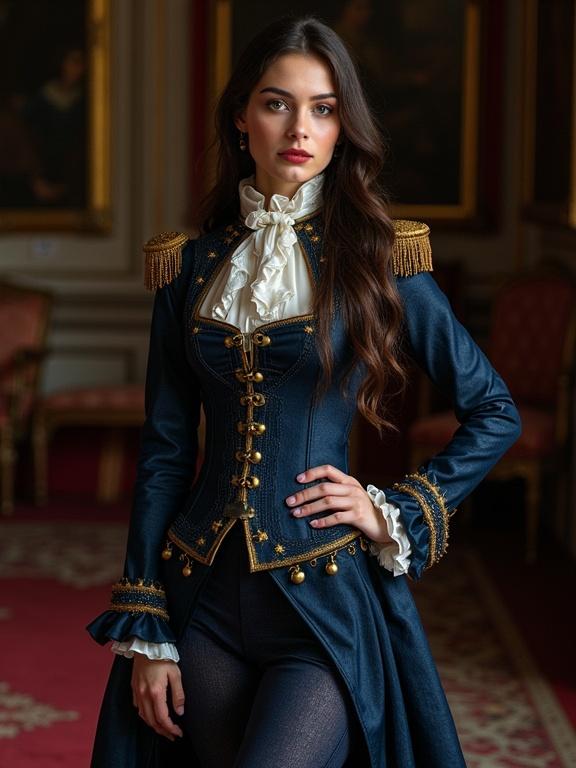 A young French woman in a Napoleonic uniform stands in a dark room. She is surrounded by fine carpets and portraits. Her long brunette hair cascades down her shoulders. The intricate dark blue uniform covers her body completely, showcasing detailed designs. She wears a corset beneath the uniform. A sword is positioned at her side. Her hand rests confidently on her hip. The setting conveys a sense of history and elegance.