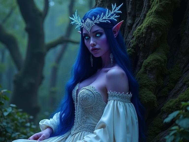 Cinematic portrait of a night elf woman inspired by Warcraft. She has deep purple skin and cyan eyes. Wears a flowing white gown with silver filigree. Long blue hair cascades around her face. She leans against a moss-covered tree. The background is a dark forest with tall trees. The lighting is soft and dramatic, creating shadows. The mood is dark fantasy, highlighting ethereal beauty and power.