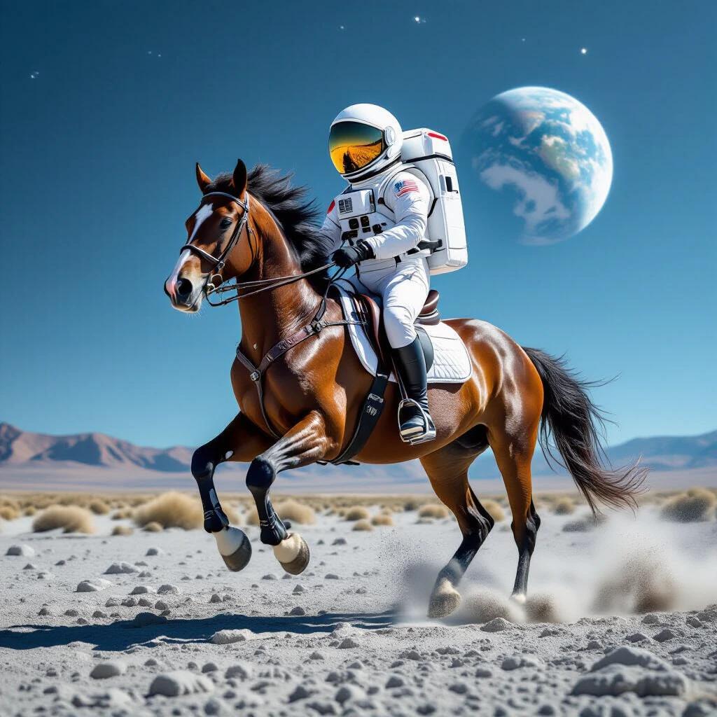 A horse gallops with an astronaut riding in a space-like setting. Background features Earth, creating a cosmic atmosphere.