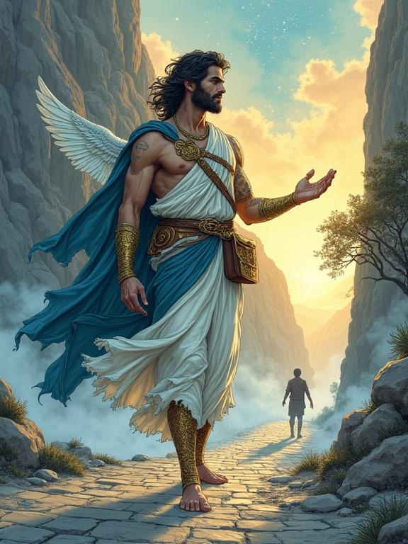Hermes stands poised in a windswept mountain pass at dawn. Mist parts to reveal cliffs and a glowing rift in the sky. He wears an ivory-white linen chiton, a slate-blue cloak billows around him. In his right hand, he holds a caduceus with twin serpents. His left hand directs motes forming a star map. At his waist, a satchel pulses with light. A traveler in silhouette pauses mid-step, awestruck. Two shafts of dawn light converge on Hermes, emphasizing his boundary-walking nature.