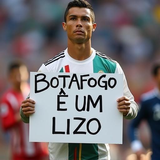Soccer player holding a sign with a text. The player has a serious expression. The sign displays a message about a football club.