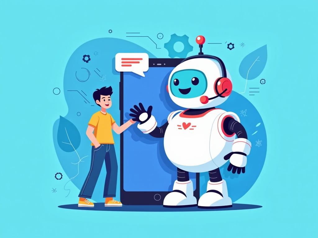 A friendly, cartoon-style robot is standing next to a large smartphone. The robot has a round body, a smiling face, and is wearing a headset with a microphone. It is reaching out with one hand, as if to greet a human character. The human character is a young adult, casually dressed, standing on the left, looking at the robot with curiosity and interest. Behind them, the background is a vibrant blue with graphic elements like circuit lines and gears, suggesting technology and innovation. There is a speech bubble above the robot, indicating communication.