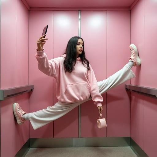 Young woman in pink hoodie performs dramatic center split in elevator. She holds a phone for a selfie. Small light pink handbag hangs next to her. Elevator has pink walls and metallic interior.