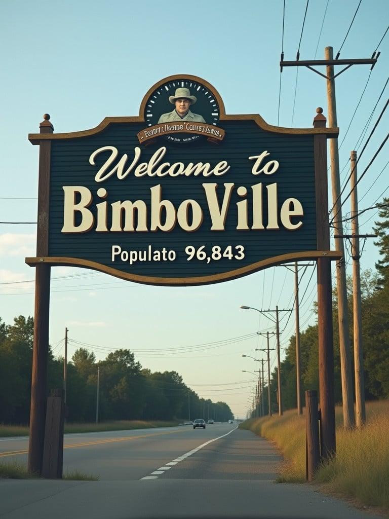 A welcome sign for a town displays Welcome to BimboVille with a population of 96,843.