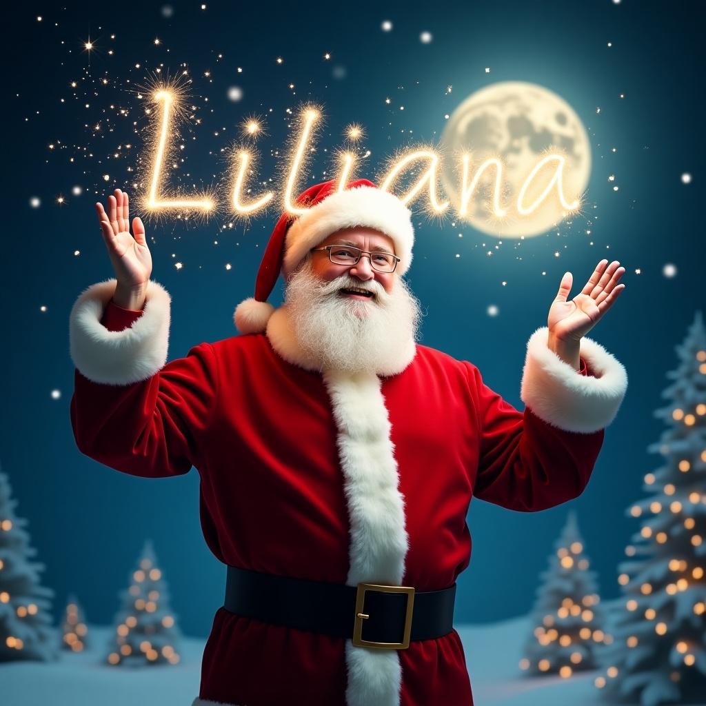 The image showcases a joyful Santa Claus dressed in his traditional red suit with white fur trim. He stands against a beautifully illuminated night sky filled with twinkling stars. With a smile, he conjures the name 'Liliana' in the air using sparkles, creating a magical effect. A bright full moon enhances the festive atmosphere. Surrounding him are softly glowing Christmas trees, exuding warmth and happiness. This artwork captures the essence of Christmas, celebrating joy and the spirit of giving.