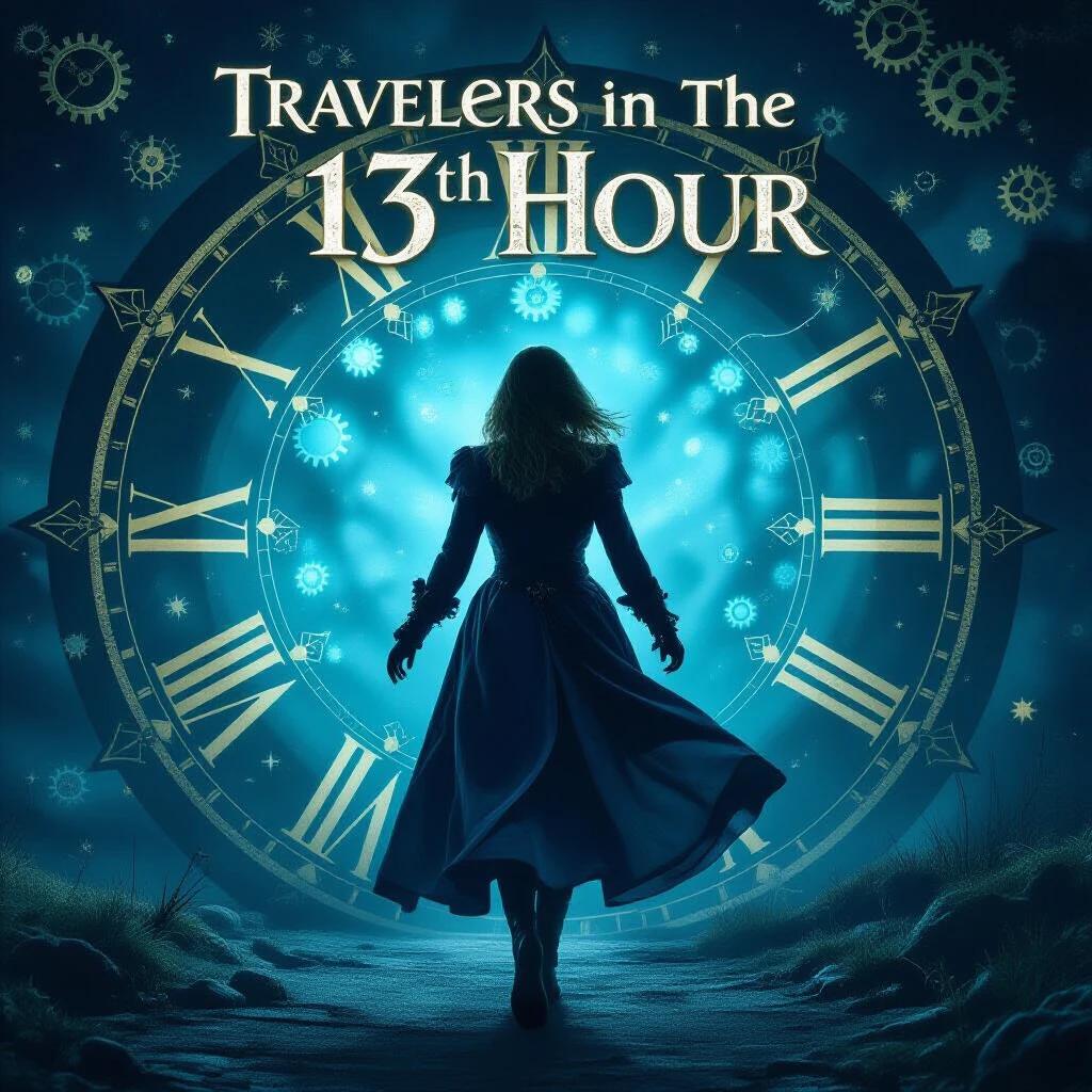 Movie poster for Travelers in The Thirteenth Hour. Title displayed with a clock face motif. Shows a woman stepping through a rift in time. Floating gears surround her. Bright cyan backlight highlights her flowing cloak. Steampunk fantasy theme. 8K clarity.