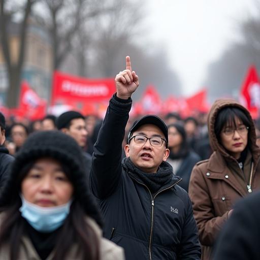 People gathered in Korea expressing discontent through a march. Authentic scenes capturing the protest atmosphere and crowd energy. Close-up of individuals participating, showcasing their expressions and solidarity.