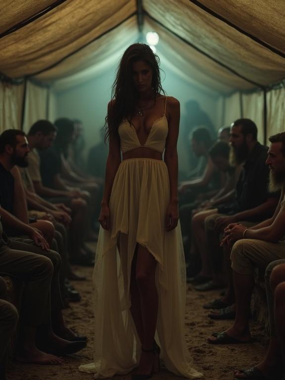 Elegant woman in a white dress surrounded by rugged men inside a dimly lit tent. Soft light highlights details. Mixed emotions in the atmosphere. Cellphone photo style.
