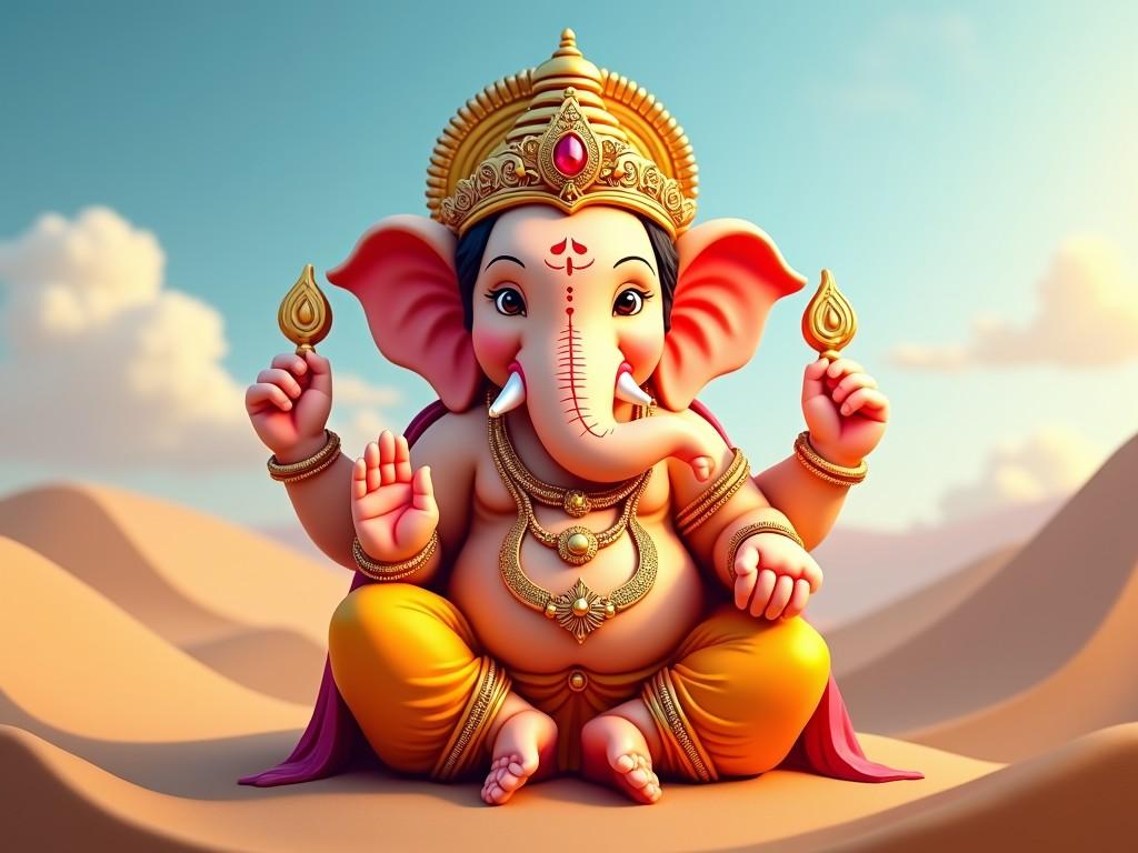 The image features a vibrant and detailed illustration of Lord Ganesha, the elephant-headed Hindu deity, seated in a serene desert setting. His attire is richly adorned with golden ornaments, and he is depicted with a benevolent expression, surrounded by soft sand dunes under a clear blue sky. The use of bright and warm colors adds to the divine and peaceful aura of the scene.