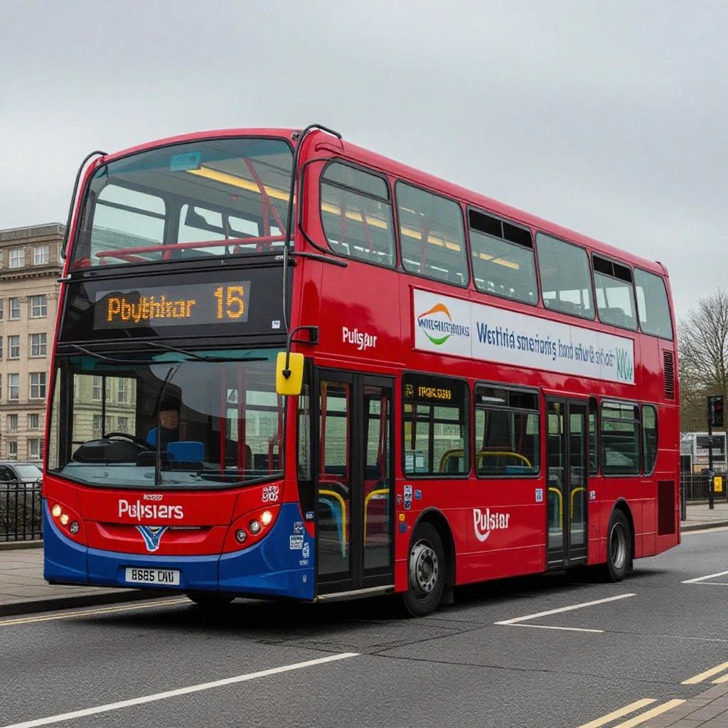 Vector image of a Wrightbus Pulsar double-decker bus. Bus features bright red exterior with route number 15 displayed. Positioned on a city street with surrounding urban elements. Display indicating bus company name.