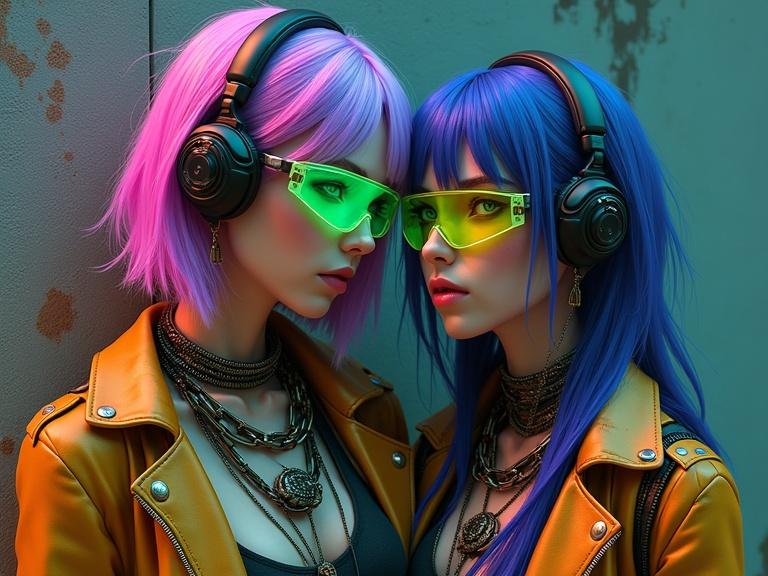 Concept art of two cybernetically enhanced individuals standing in an urban setting. They showcase edgy futuristic fashion and have vibrant hair. The backdrop is a textured wall conveying a decayed cityscape. Neon lighting emphasizes contours. Characters display a shared connection through posture.