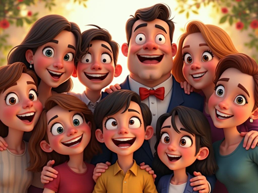 A vibrant group portrait of animated characters from a family, showcasing a lively atmosphere. The central figures include a mix of children and adults, all smiling enthusiastically. The children have a variety of hairstyles and colorful clothing, displaying individuality. The adults are dressed in formal attire, with one wearing a bow tie. The background hints at a festive setting, possibly with decorations or foliage. Bright lighting contributes to the cheerful ambiance, while the expressions on the characters' faces convey joy and excitement, capturing a sense of togetherness.