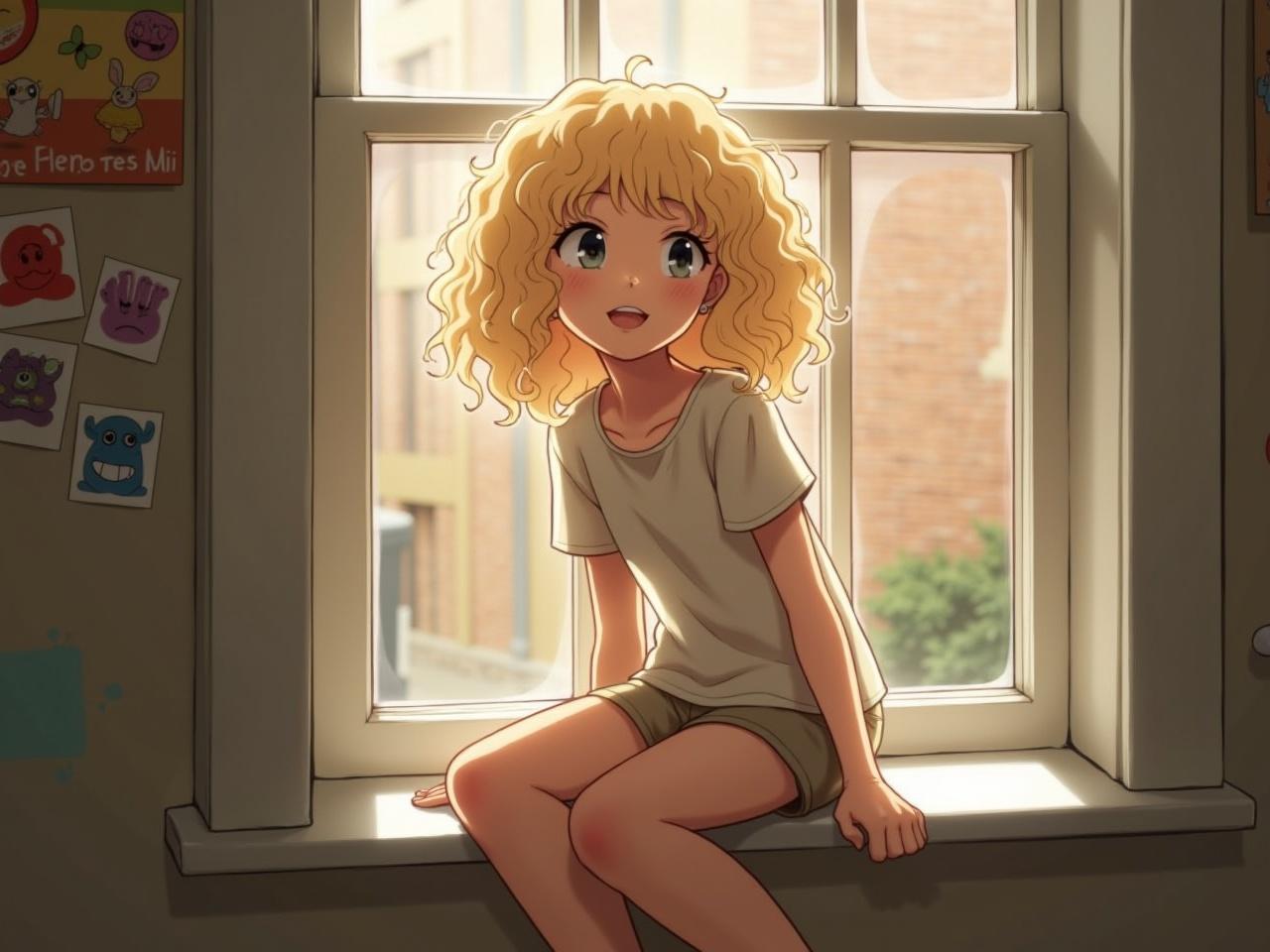 A blond girl is sitting on a window ledge, looking slightly to the side with a playful expression. She has curly hair and is wearing a light-colored shirt with shorts. Sunlight is filtering through the window, casting a warm glow in the room. There are colorful stickers and pictures on the wall beside her. Outside the window, you can see a brick wall in the background. The scene has a cheerful and nostalgic atmosphere.